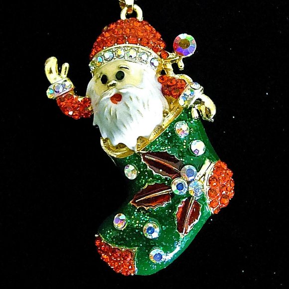 Jolly SANTA CLAUS Stocking Rhinestone Necklace - Picture 3 of 11